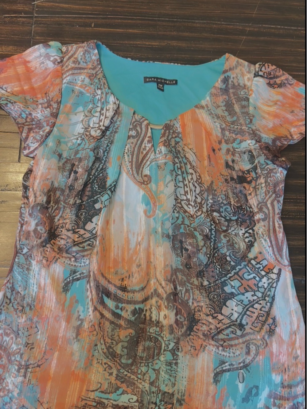 Sara Michelle Teal and Orange Paisley Short-Sleeve Blouse